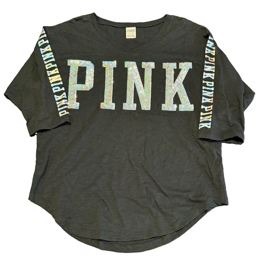 Victoria's Secret Pink Bling Sequin Iridescent Boyfriend Tee SMALL Shirt